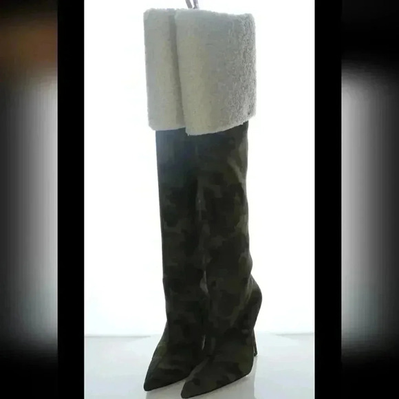 Good American Tall Boots Scuba Material Shearling Heeled Kick Stand Camo Green 7 - Picture 5 of 7